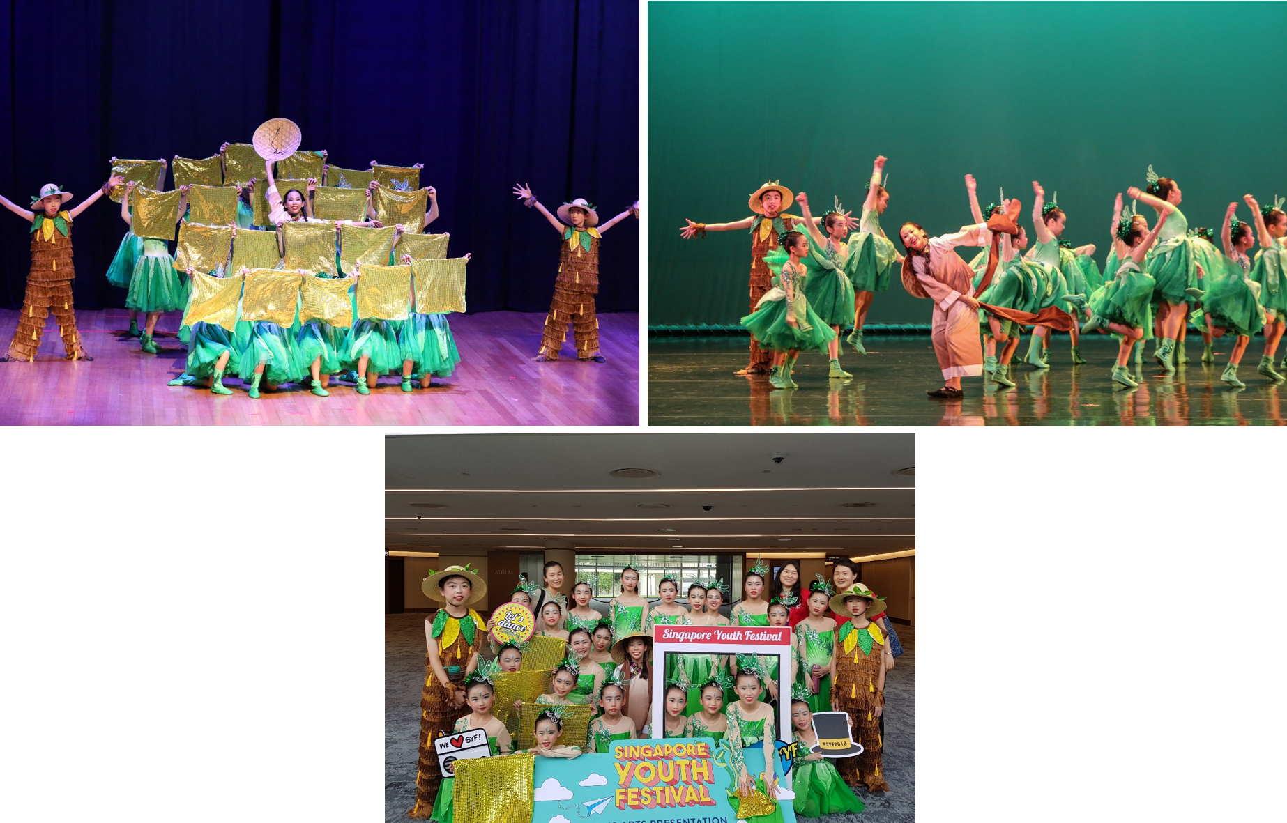 Children in green and gold costumes perform on stage and pose at a Singapore Youth Festival banner.